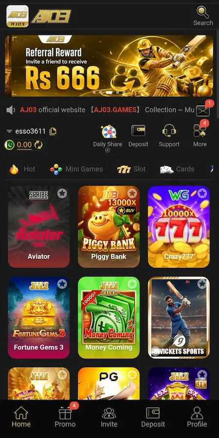 aj03 game home screen showing different game categories to play & earn