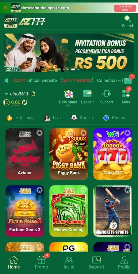 AZ777 app homescreen showing games like Aviator, Fortune Gems, and slots