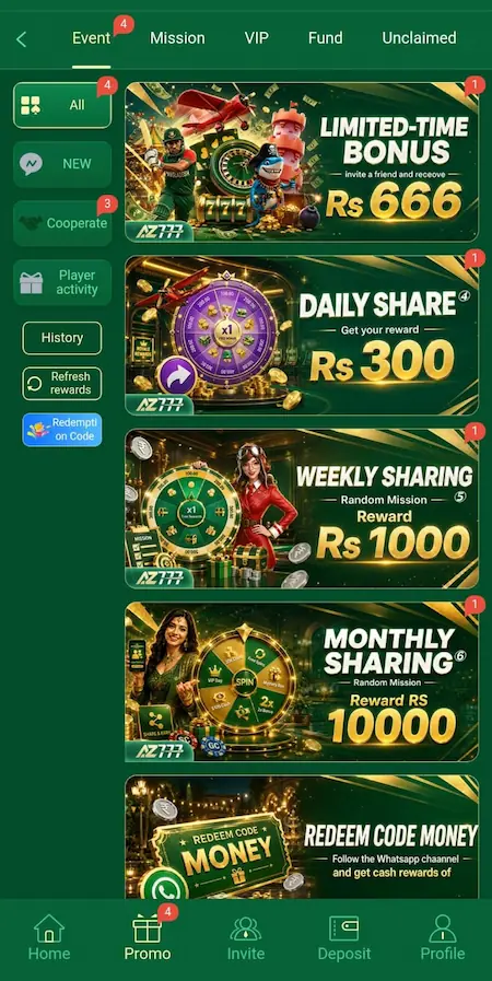 AZ777 promotional offer – Rs 666 download bonus and 10% deposit bonus