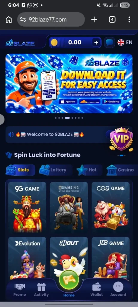 92blaze game homescreen image showing game catregories and other navigation