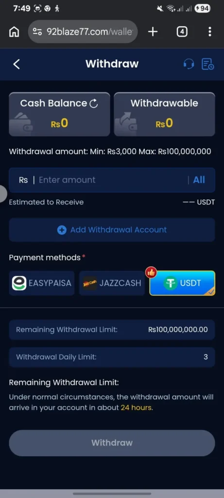 92blaze game withdrawal dashboard