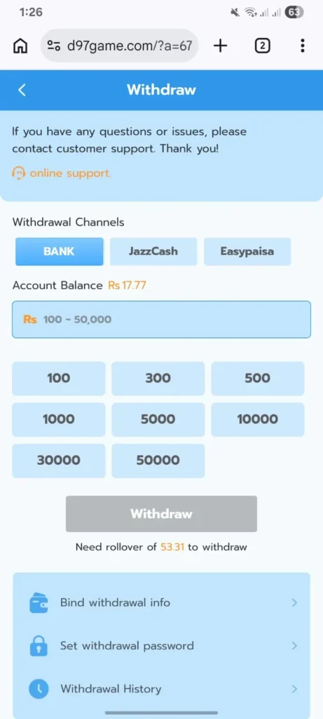 D97 Game withdrawal methods jazzcash easypaisa options