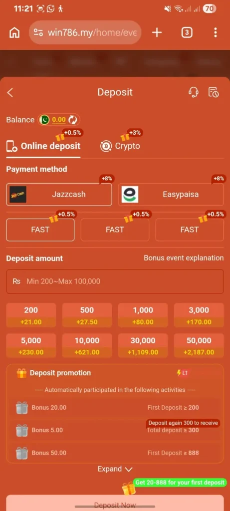 fe786win game deposit and its bonuses section