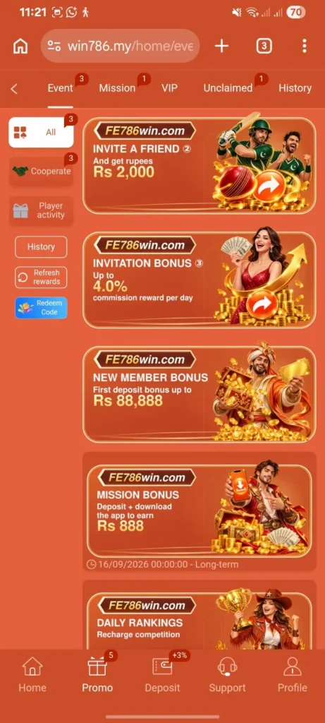 fe786win game promo & features dashboard which shows different options to earn