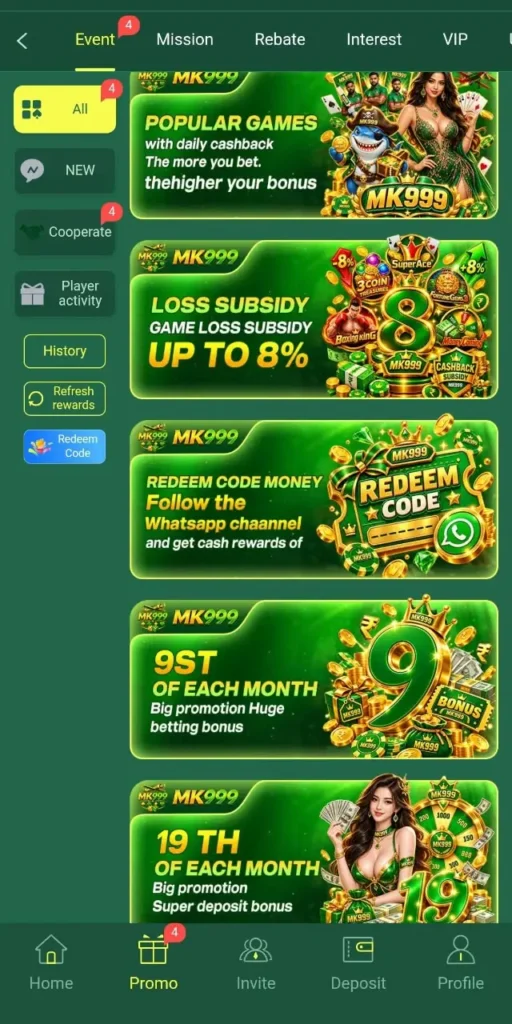 MK999 Game promotions including first deposit 40% cashback, Rs 88,888 new member bonus, and redeem code up to Rs 99,999