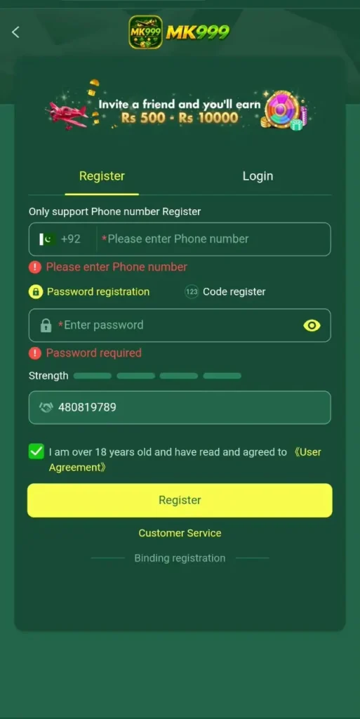MK999 Game registration screen showing 11-digit mobile number and password fields for Pakistani users