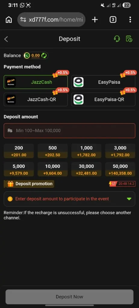 XD777 deposit page showing JazzCash and EasyPaisa payment options for Pakistani users