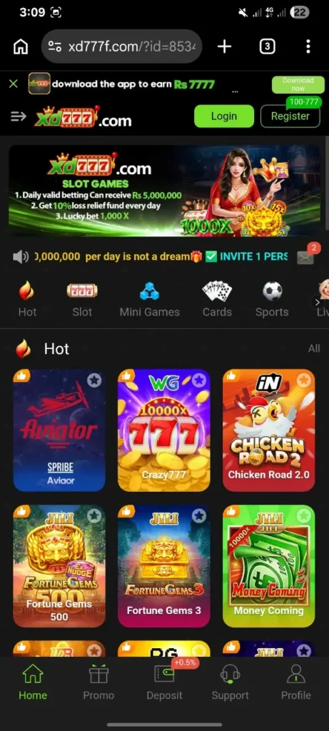 XD777 home screen showing hot games, login and register buttons